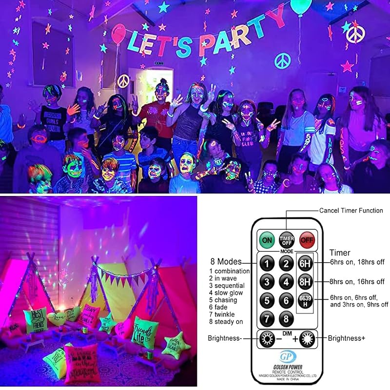 Solhice 80ft UV Black Light String Lights with Remote, 300 LEDs – Indoor/Glow Party Decor