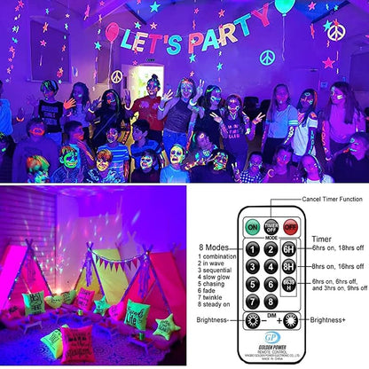 Solhice 80ft UV Black Light String Lights with Remote, 300 LEDs – Indoor/Glow Party Decor