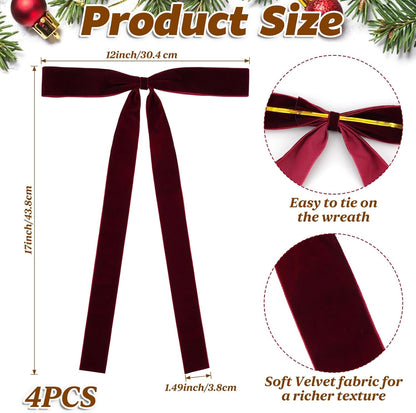 Regine Switzerland Large Burgundy Velvet Christmas Bows - 12"x17" Pre-Tied for Tree, Mantel & Door Decor