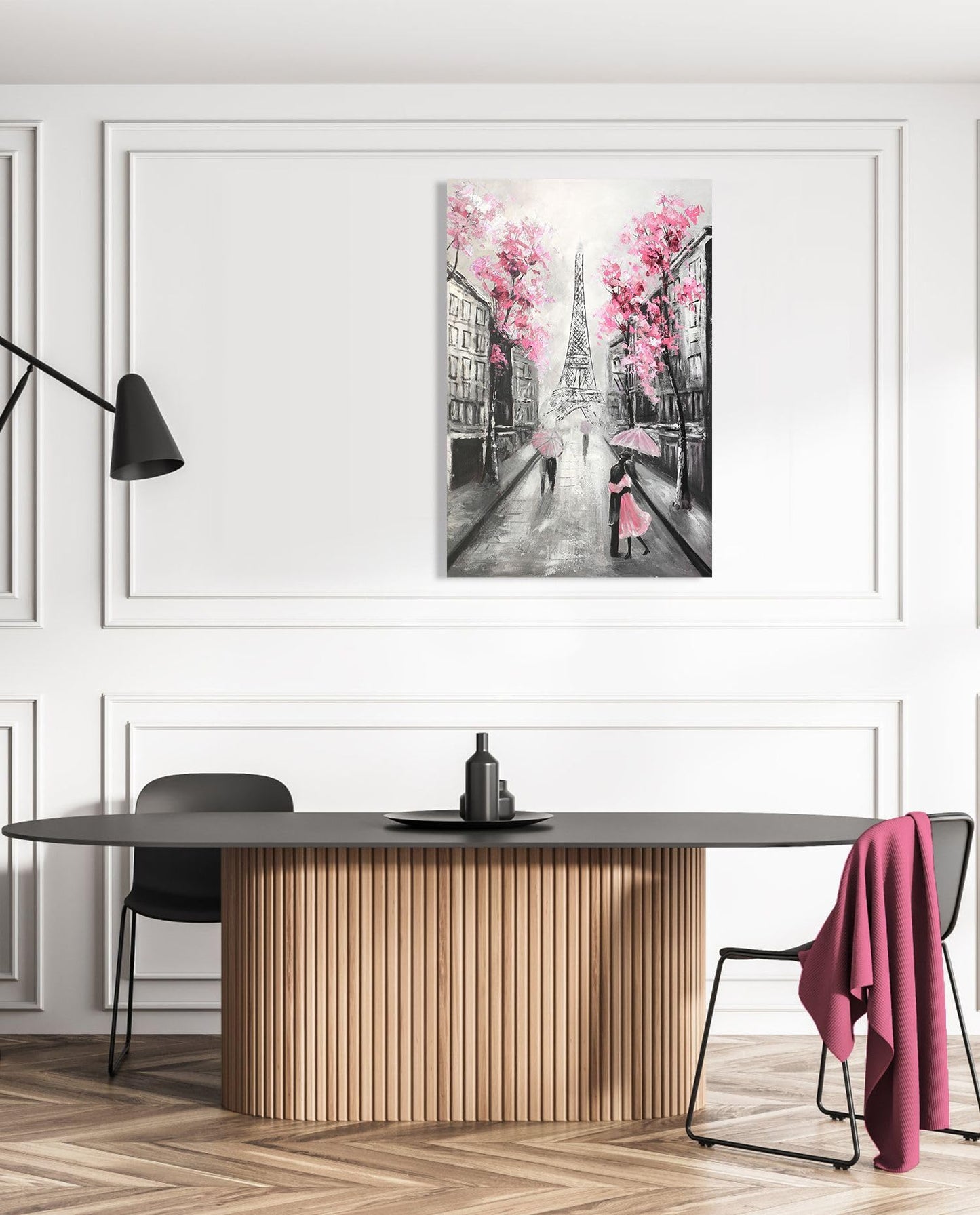 YPY Abstract Paris Canvas Wall Art: Black White Eiffel Tower Hand Painted Oil Painting, Pink and Grey Picture Print Room Decor for Teen Girls Bedroom Bathroom 24" x 36"