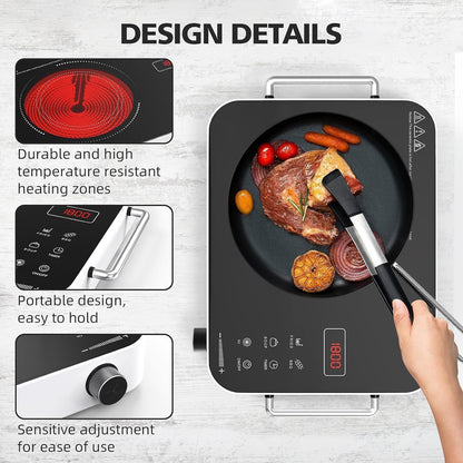 Nafewin Electric Cooktop - 1800W Portable Infrared Hot Plate with 4-Hour Timer | Single Burner Countertop