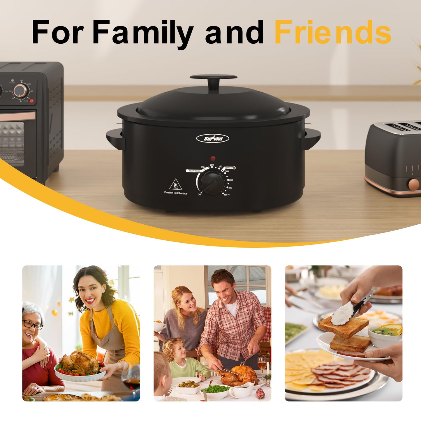 SUNVIVIPRO Roaster Oven with Self-Basting Lid, Electric Turkey Roaster Oven with Removable Pan and Rack, Stainless Steel, Black, 8 QT