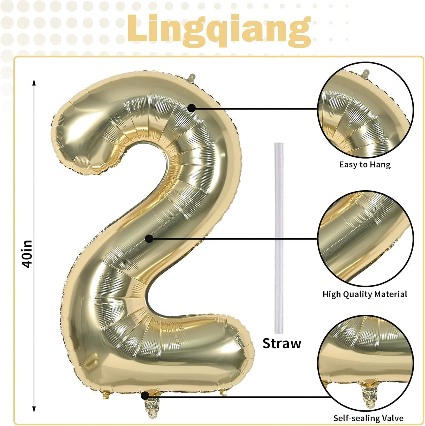 Skiennix 40 Inch Champagne Gold Number 2 Balloon - Large Foil 2nd Birthday & Graduation Decor