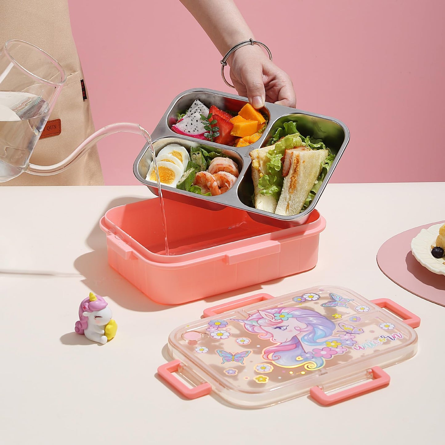 YOYTOO Stainless Steel Bento Lunch Box for Kids, 800ml/27oz BPA-Free Leak-Proof Children Food Containers with 3 Compartments, School Students Daycare Lunches/Snack Container