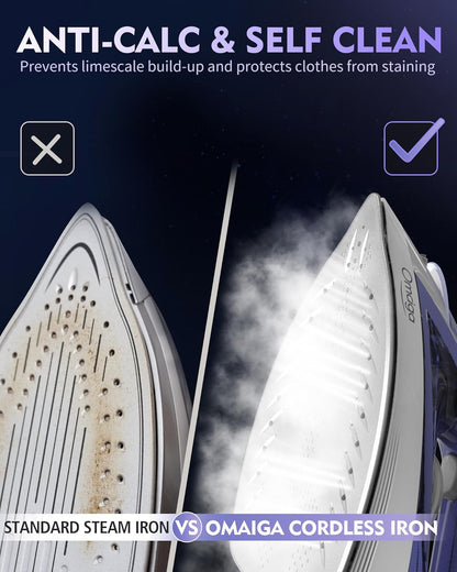 OMAIGA Cordless Steam Iron - 1550W Rapid Heating, Ceramic Soleplate, 3-Way Auto-Off | Purple, 12.85oz Tank