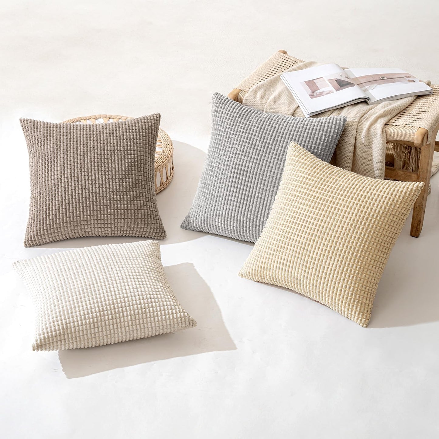 MIULEE Decorative Pillow Covers - Rustic Farmhouse Boho Style | Set of 4, 18x18 Inch Corduroy Soft Throw Pillows for Living Room & Bed