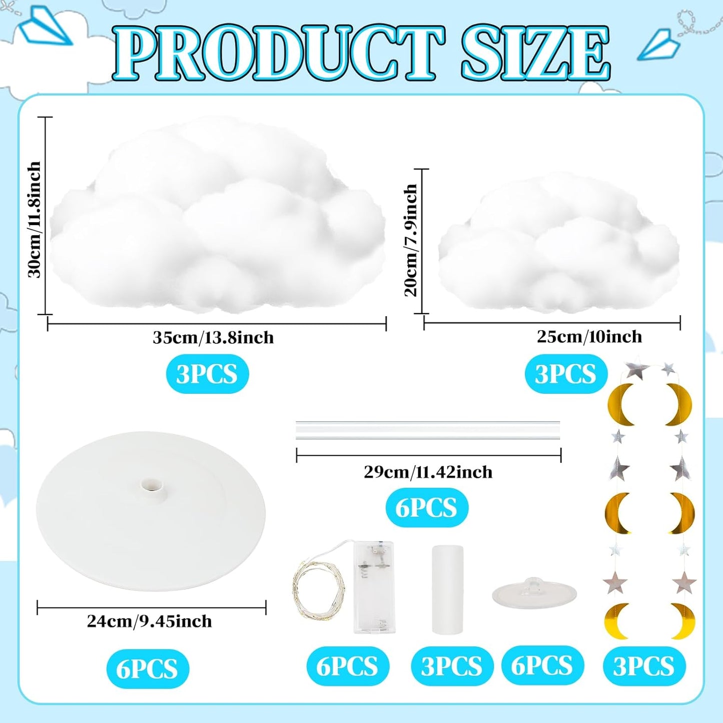 Skiennix 3D Fluffy Cloud LED Light Kit - Hanging & Table Centerpiece Decor for Baby Showers & Parties