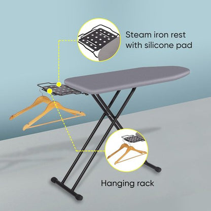 Jakeefud Deluxe Ironing Board - Heat Resistant Cover & Thick Felt Pad | Full Size, Foldable (Light Grey)