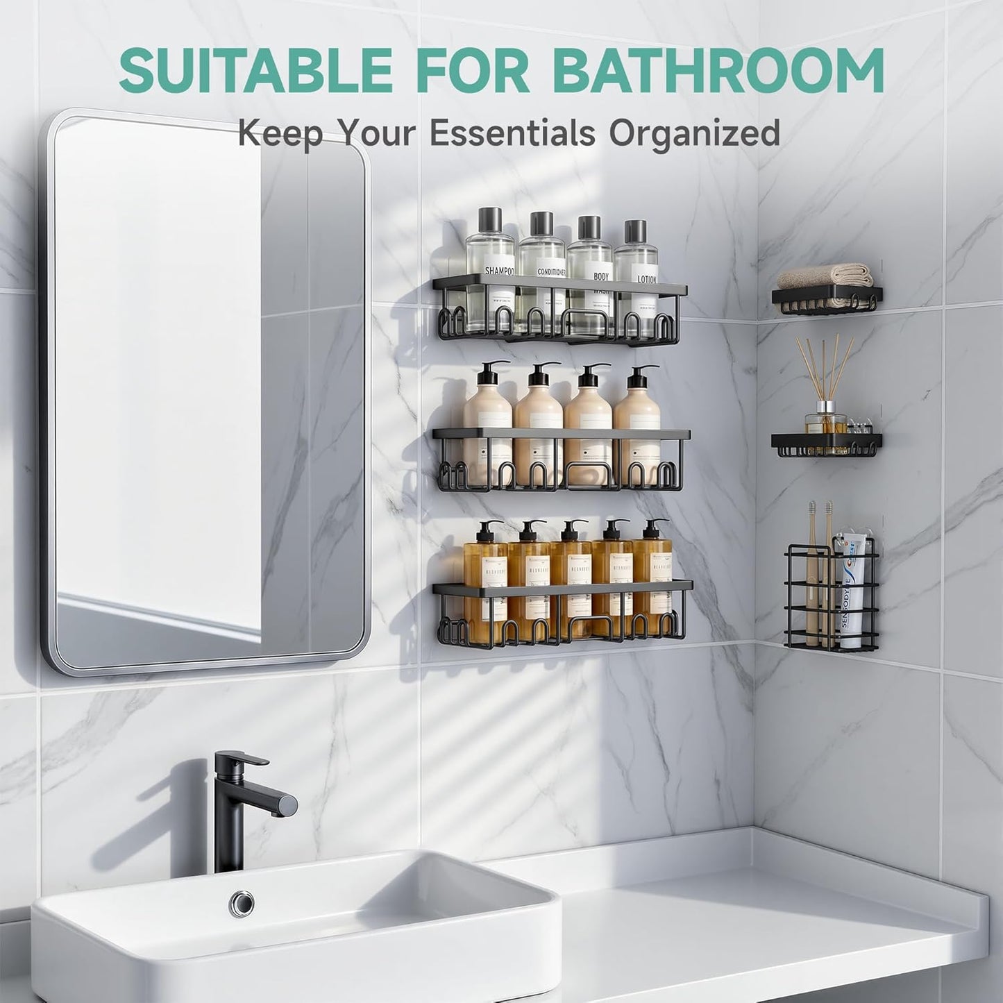 Veken Shower Caddy - Rustproof Adhesive Shelves with Soap Holder | Large Capacity Bathroom Organizer
