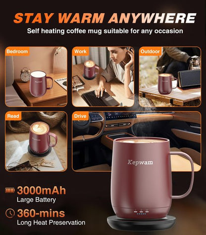Kepwam Self Heating Coffee Mug, 16oz Smart Heated Coffee Mug, 150 Min Battery Life - Hot up to 149℉ Temperature Control Coffee Mug Warmer, Gifts for Women and Men