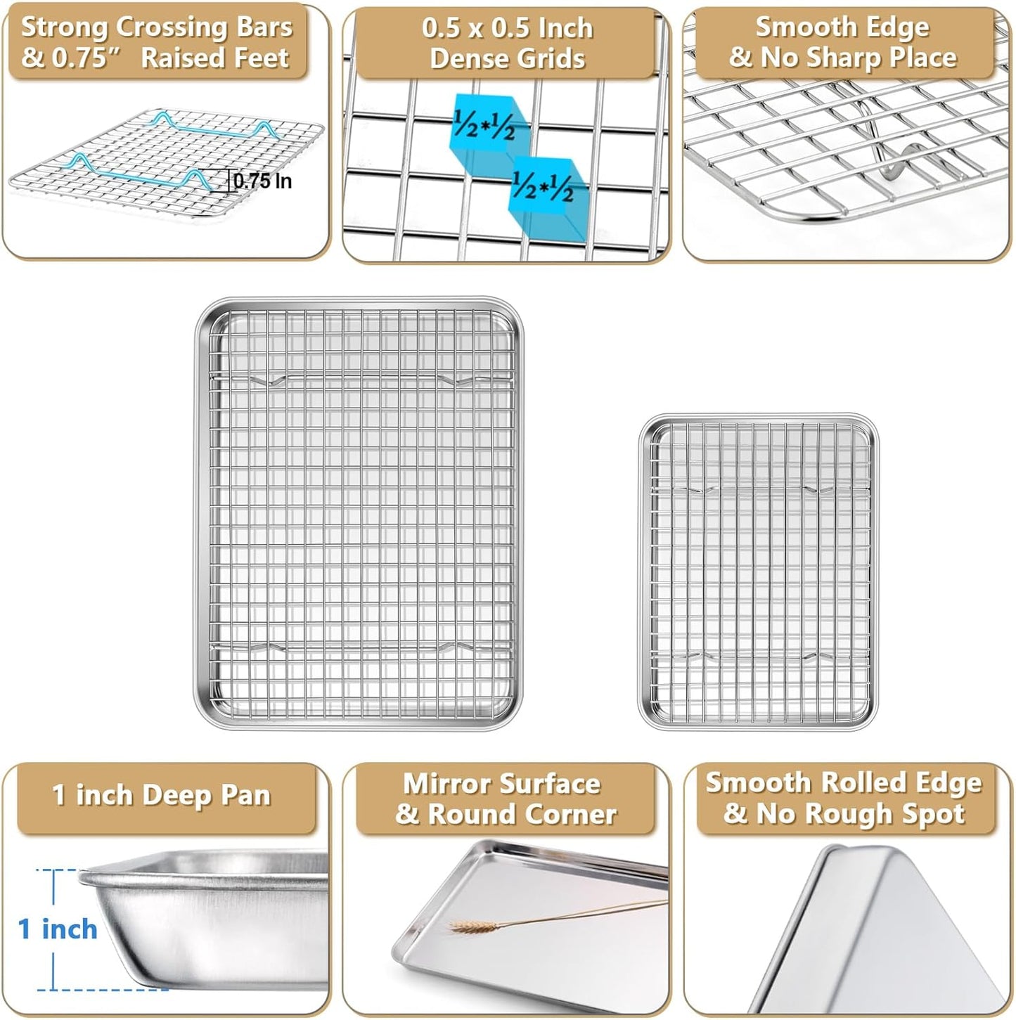 P&P CHEF Toaster Oven Pan Set - 12.5 & 9 Inch Stainless Steel Baking Tray with Cooling Rack | Dishwasher Safe & Non-Toxic