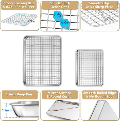 P&P CHEF Toaster Oven Pan Set - 12.5 & 9 Inch Stainless Steel Baking Tray with Cooling Rack | Dishwasher Safe & Non-Toxic