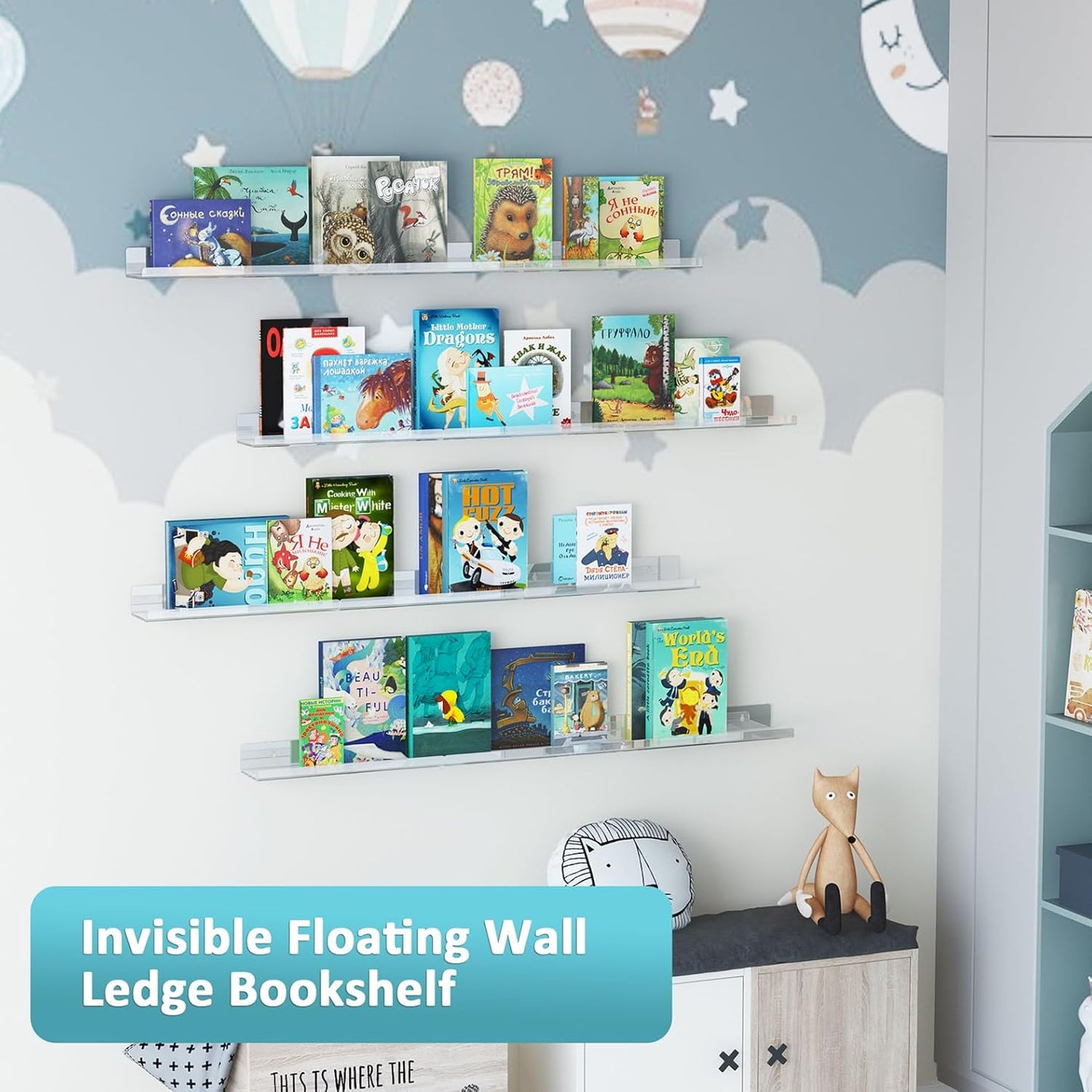 Albumgit 4-Pack Acrylic Wall Shelves - Self-Adhesive 15" Clear Floating Shelf for Organizing Decor