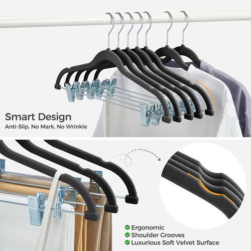 HOUSE DAY Velvet Hangers - Adjustable Clips & 360° Hook | Heavy-Duty Non-Slip Suit Organizer (20 Pack, Black)