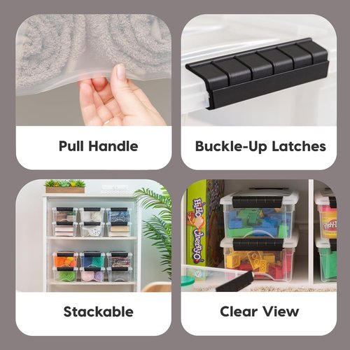 IRIS USA Stackable Plastic Storage Bins - BPA-Free, Durable Nestable Containers, 6 Quart, 3 Pack - Clear/Black