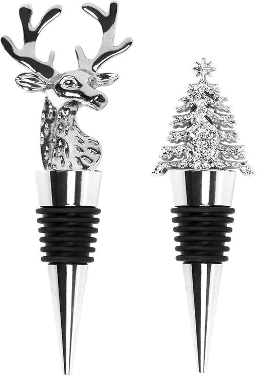 2Pack Christmas Wine Stopper, Elk & Christmas Tree Shape Decorative Wine Bottle Stopper, Food-Grade Silicone & Zinc Alloy Airtight Wine Cork for Wine Champagne, Xmas Party Home Bar Holiday Gift Silver