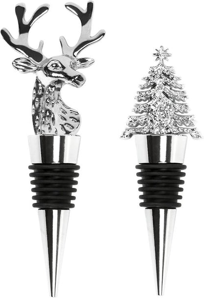 2Pack Christmas Wine Stopper, Elk & Christmas Tree Shape Decorative Wine Bottle Stopper, Food-Grade Silicone & Zinc Alloy Airtight Wine Cork for Wine Champagne, Xmas Party Home Bar Holiday Gift Silver