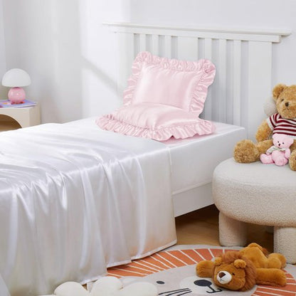 Entisn Ruffle Satin Toddler Pillowcase Set of 2, 13 x 18 Inch Toddler Silky Pillow Covers with Envelope Closure, Anti Wrinkle Soft Travel Pillow Case Nursery Pillow Sham for Girls, Boys (Baby Pink)