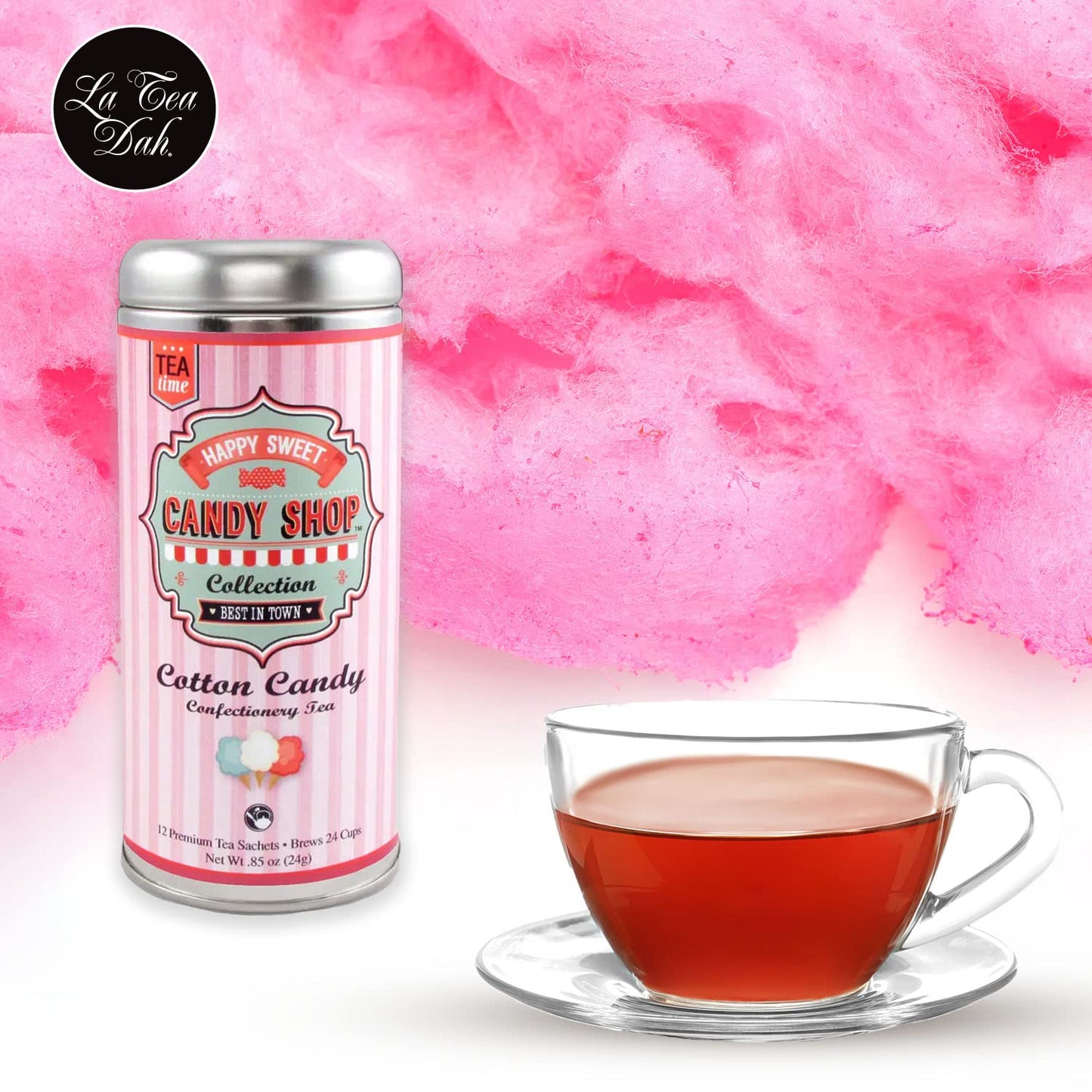 Cotton Candy Tea by La Tea Dah | Lightly Caffeinated Oolong Tea Flavored with Hibiscus, Raspberry, Cranberry, & Apple | Fragrant, Fruity Hibiscus Tea Bags | Dessert Tea (12 Sachets)