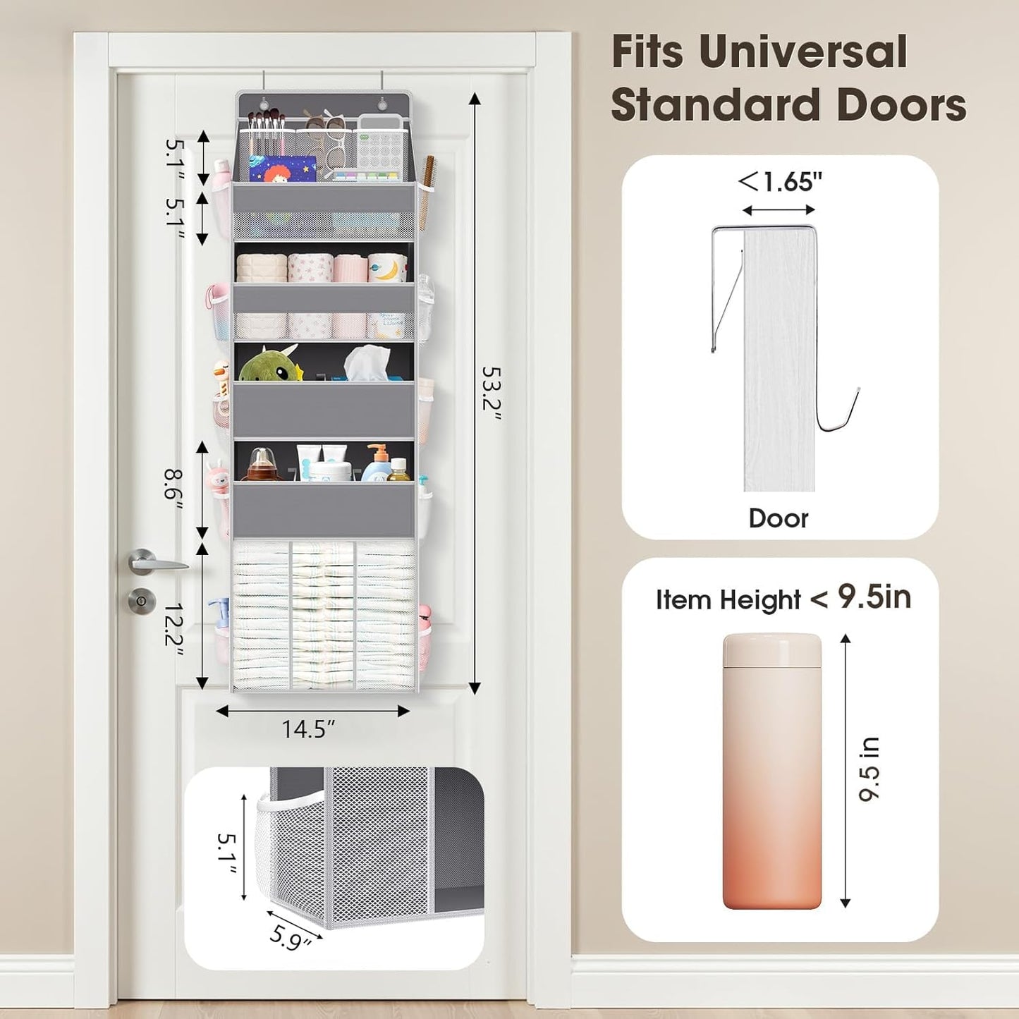 WISELIFE 5-Tier Over the Door Organizer - Heavy-Duty 50LB Capacity with 5 Spacious & 13 Mesh Pockets | Gray