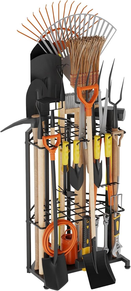 Garden Tool Organizer - Heavy Duty Metal Rack with 34 Storage Compartments & 14 Hooks for Tools