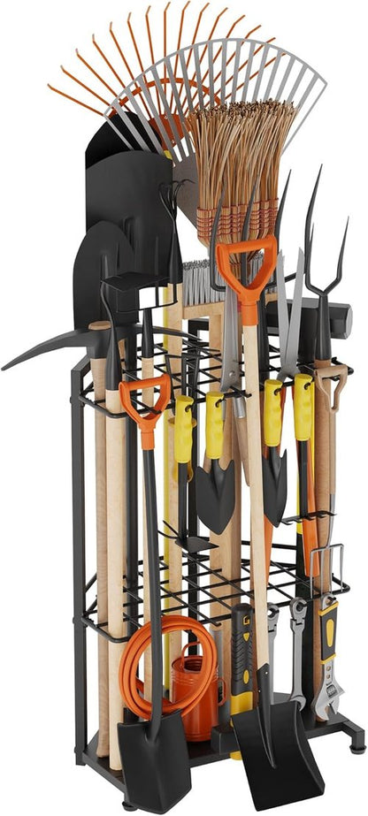 Garden Tool Organizer - Heavy Duty Metal Rack with 34 Storage Compartments & 14 Hooks for Tools
