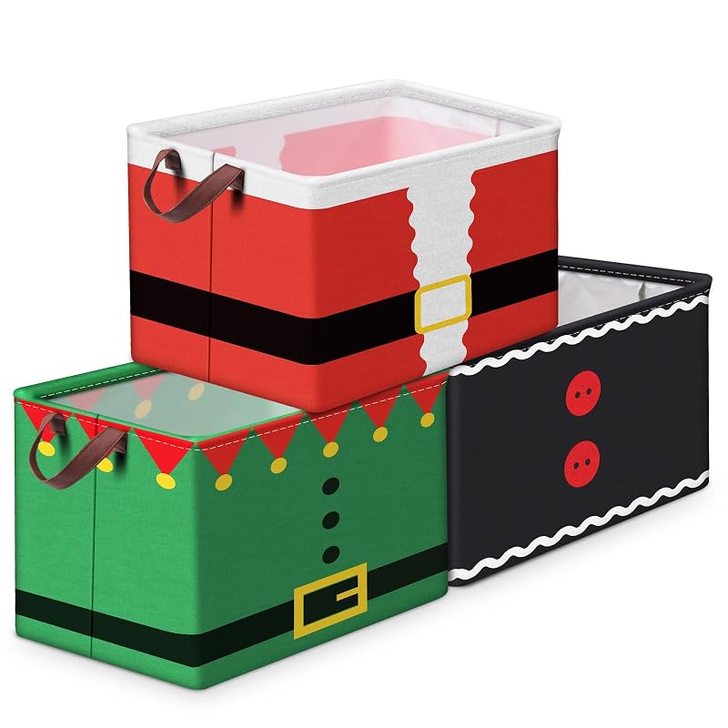 3 Pack Christmas Storage Baskets Collapsible Canvas - Santa Suit Variation