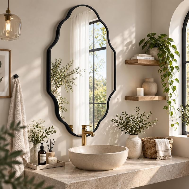Scalloped Black Bathroom Mirror - 20"L x 36"W, Irregular Wall Decor (1 Pack)