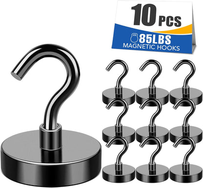 MIKEDE Heavy-Duty Black Magnetic Hooks - 85Lbs Strength for Cruise Cabins & Kitchen | Pack of 10