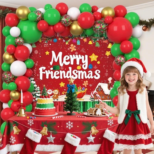 AIBIIN Christmas Balloon Arch Kit - 105pcs Friendsmas Party Decorations with Merry Banner & Foil Curtain