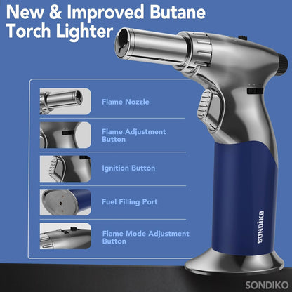 Sondiko Dual Adjustable Flame Butane Torch Lighter - Mini Blow Torch for Cooking & Crème Brûlée | Refillable with Continuous Flame Lock