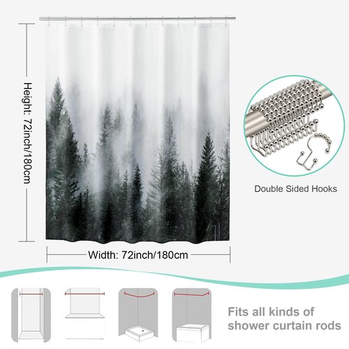 ORTIGIA 3 in 1 Waterproof Shower Curtain and Clear PEVA Liner Set with 12 Double Sided Metal Shower Curtain Hooks, Black Misty Forest Tree Soft Fabric Shower Curtain for Bathroom - 72 Wx72 L