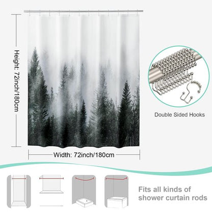 ORTIGIA 3 in 1 Waterproof Shower Curtain and Clear PEVA Liner Set with 12 Double Sided Metal Shower Curtain Hooks, Black Misty Forest Tree Soft Fabric Shower Curtain for Bathroom - 72 Wx72 L