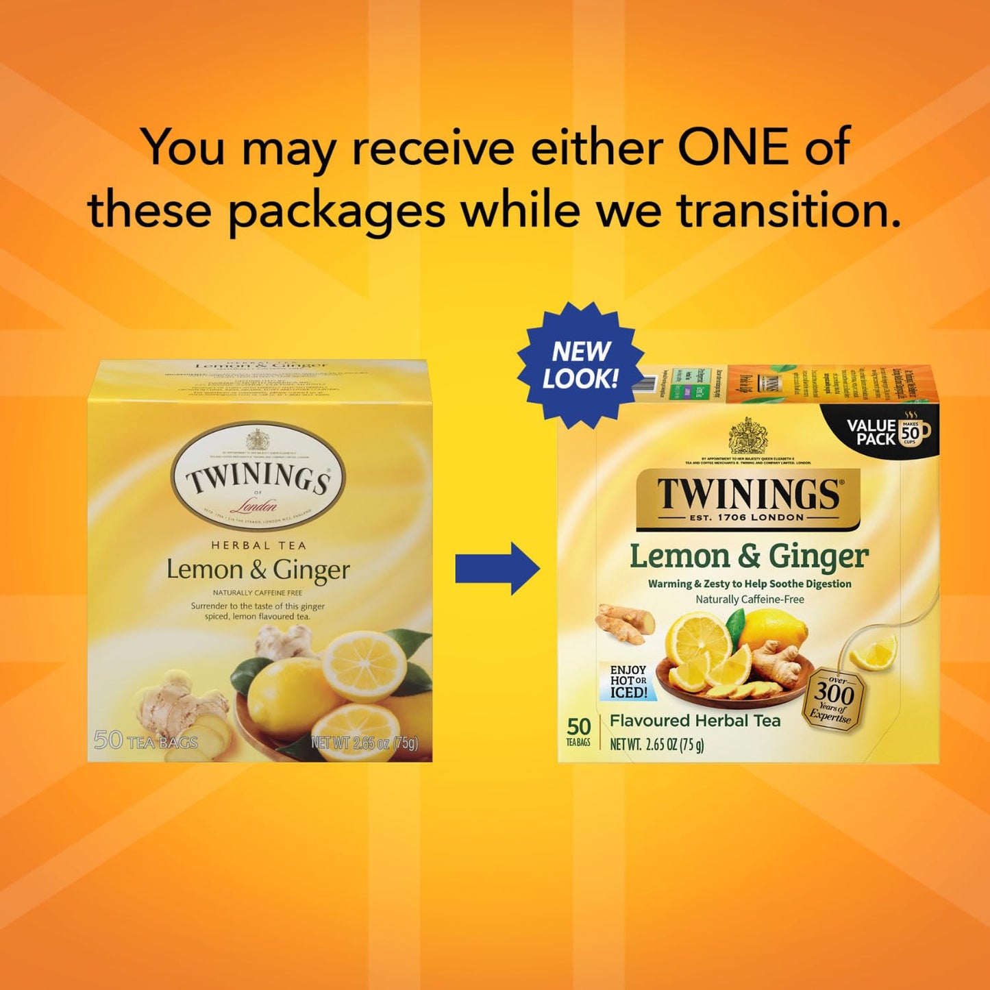 Twinings Lemon & Ginger Tea - Refreshing Ginger Root and Lemon Tea, Naturally Caffeine-Free Herbal Tea Bags Individually Wrapped, 50 Count