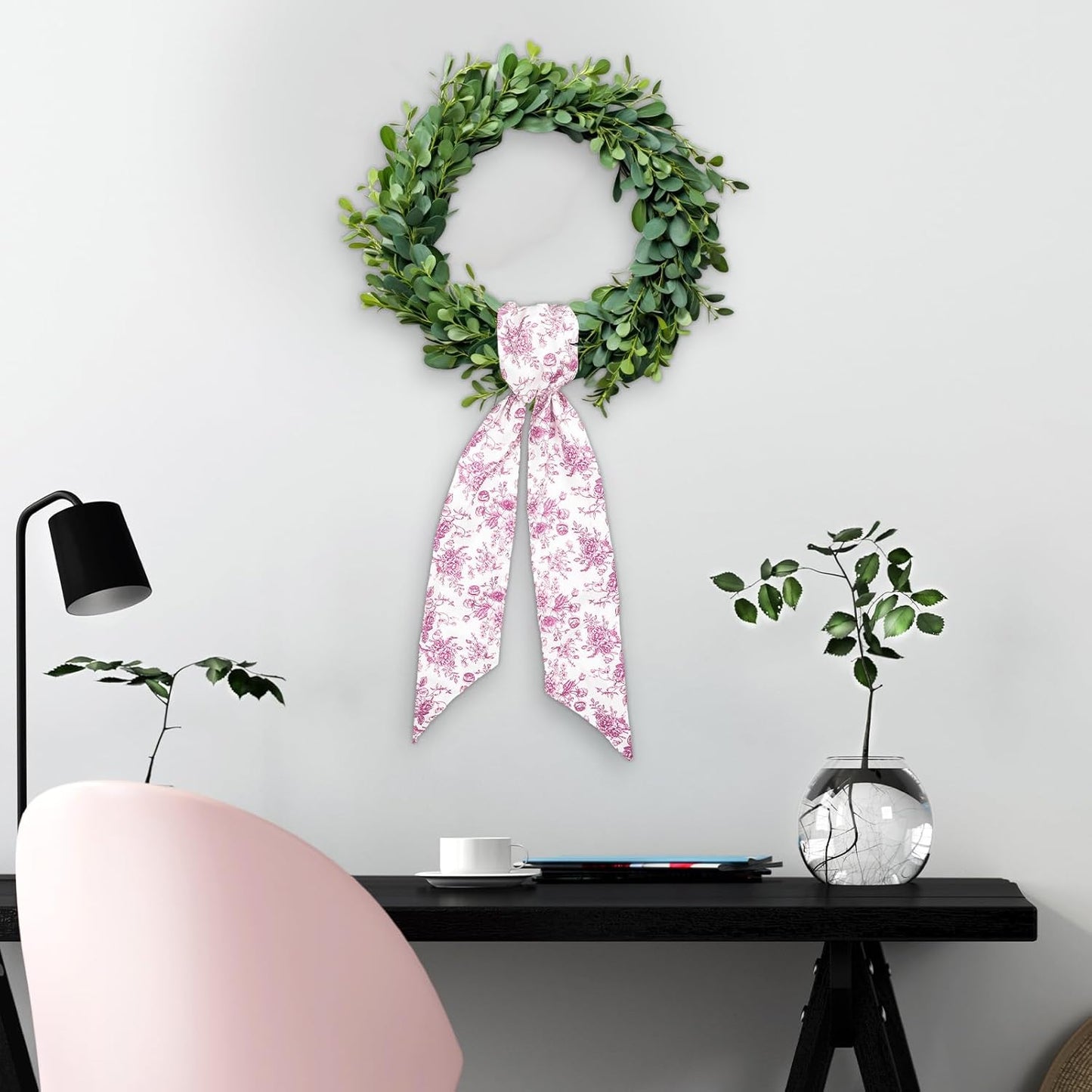 Whaline Pink Flower Wreath Sash - Chinoiserie Floral Garland Ribbon for Holiday Home Decor | 2 Pieces