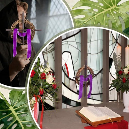 Dingion Mini Crown of Thorns Nail Cross Wreath Decor - 7in Purple Velvet Ribbon for Easter & Lent
