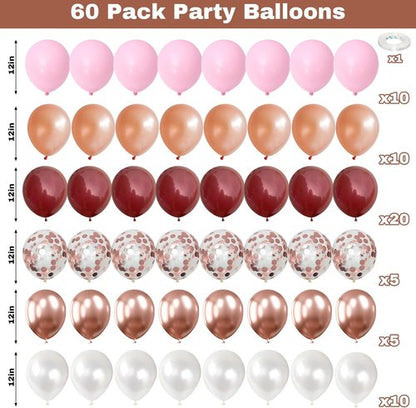 **Burgundy Red & Pink Balloons - 60 Pack 12in Latex & Confetti Balloons for Birthday & Wedding Decor**