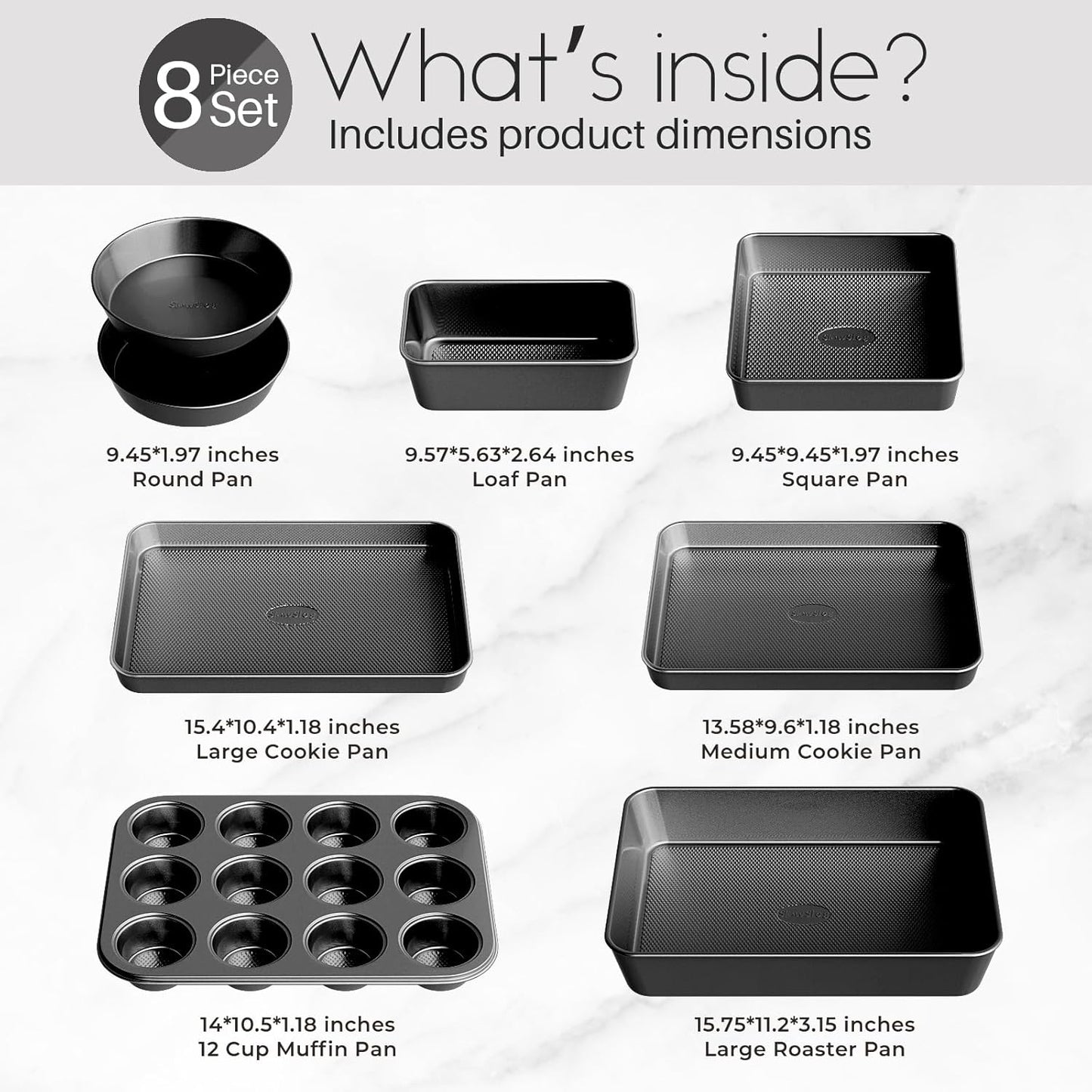 Skiennix Nonstick Baking Pans Set - 8-Piece Stackable Bakeware Set | Non-Toxic Oven Safe, Black