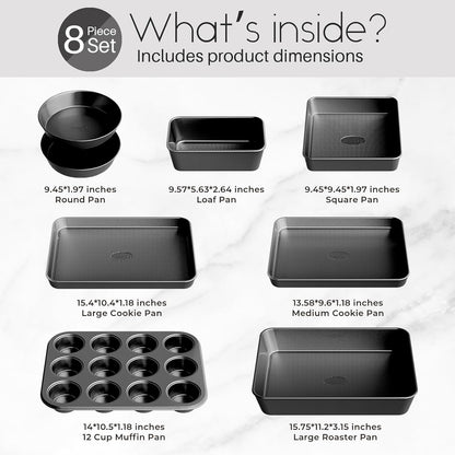 Skiennix Nonstick Baking Pans Set - 8-Piece Stackable Bakeware Set | Non-Toxic Oven Safe, Black