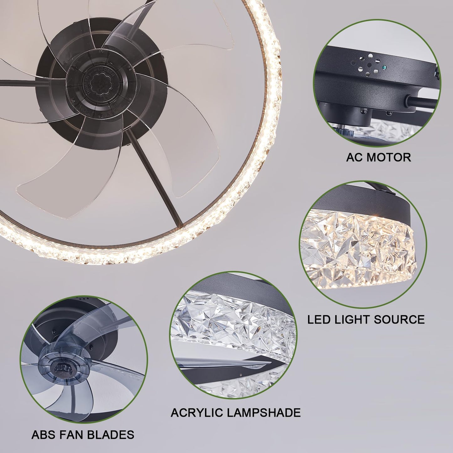 Modern Ceiling Fans with Lights Dimmable, flush mount ceiling fan with lights and remote, 20'' fandelier ceiling fan with light ,bladeless ceiling fan with light for Bedroom Living Room Kitchen