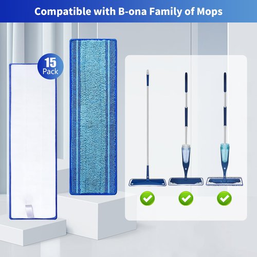 BYOFI 15-Pack Microfiber Mop Pads for Bona Mpo- Washable Reusable Refills for Hardwood, Tile & Multi-Surface Floors | Pet Hair & Stain Remover