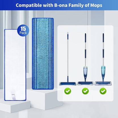 BYOFI 15-Pack Microfiber Mop Pads for Bona Mpo- Washable Reusable Refills for Hardwood, Tile & Multi-Surface Floors | Pet Hair & Stain Remover