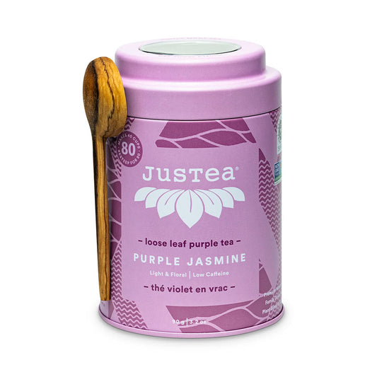 JusTea PURPLE JASMINE | Loose Leaf Purple Tea | Tin with Hand Carved Tea Spoon | 40+ Cups (3.2oz) | Low Caffeine | Award-Winning | Fair Trade | Non-GMO