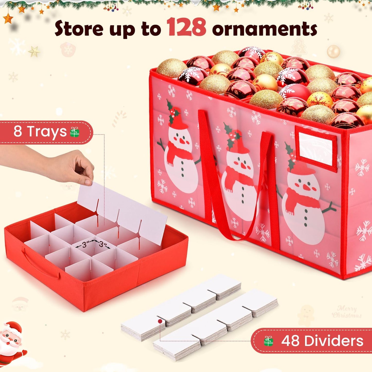 Regine Switzerland Christmas Ornament Storage Box - Waterproof, Adjustable Dividers, 128 Capacity, Dual Zippers