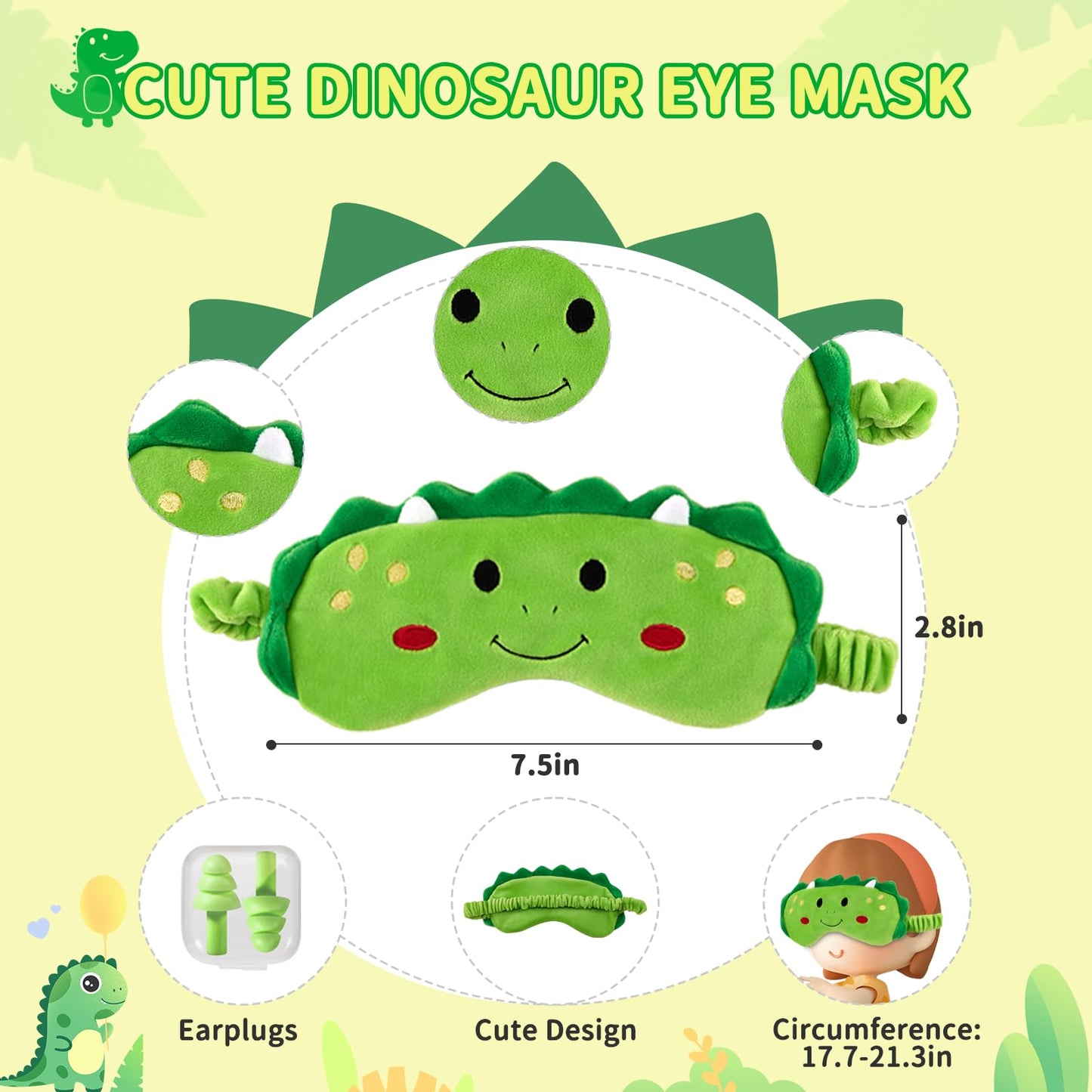 urnexttour Travel Neck Pillow for Kids, Dinosaur Memory Foam Pillow with Cute Sleep Mask & Earplugs, Lightweight Travelling Pillow Set for Airplane, Car, Train, Bus and Home Use (Green)