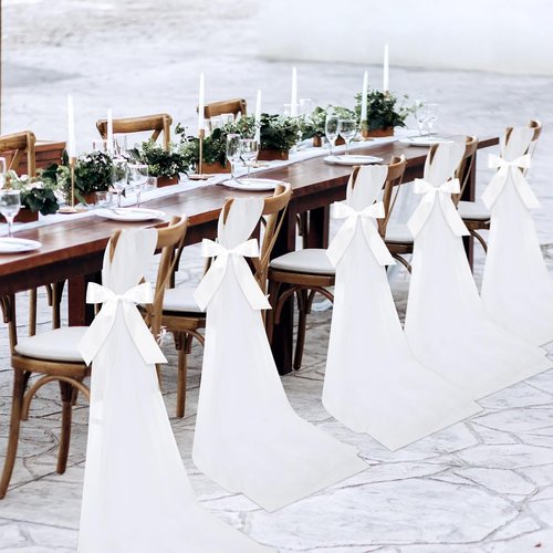 HunnmingRe Wedding Aisle Chair Decor - 24 Sets of White Sashes with Ribbons & Tulle for Ceremonies