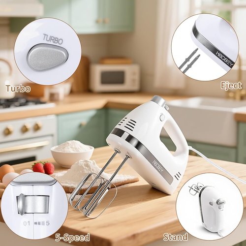 450W Electric Hand Mixer by [Brand Name] - 5-Speed Handheld Mixer with Turbo Function & Storage Case | Includes 2 Beaters & 2 Dough Hooks (White)