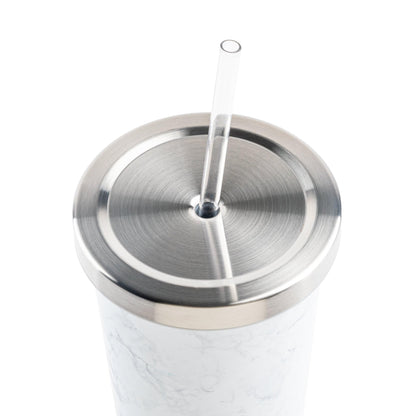 Manna Chilly Double-wall Vacuum Insulated Stainless Steel Tumbler with Splash-proof Lid and Reusable Tritan Straw - 24 Oz - White Marble