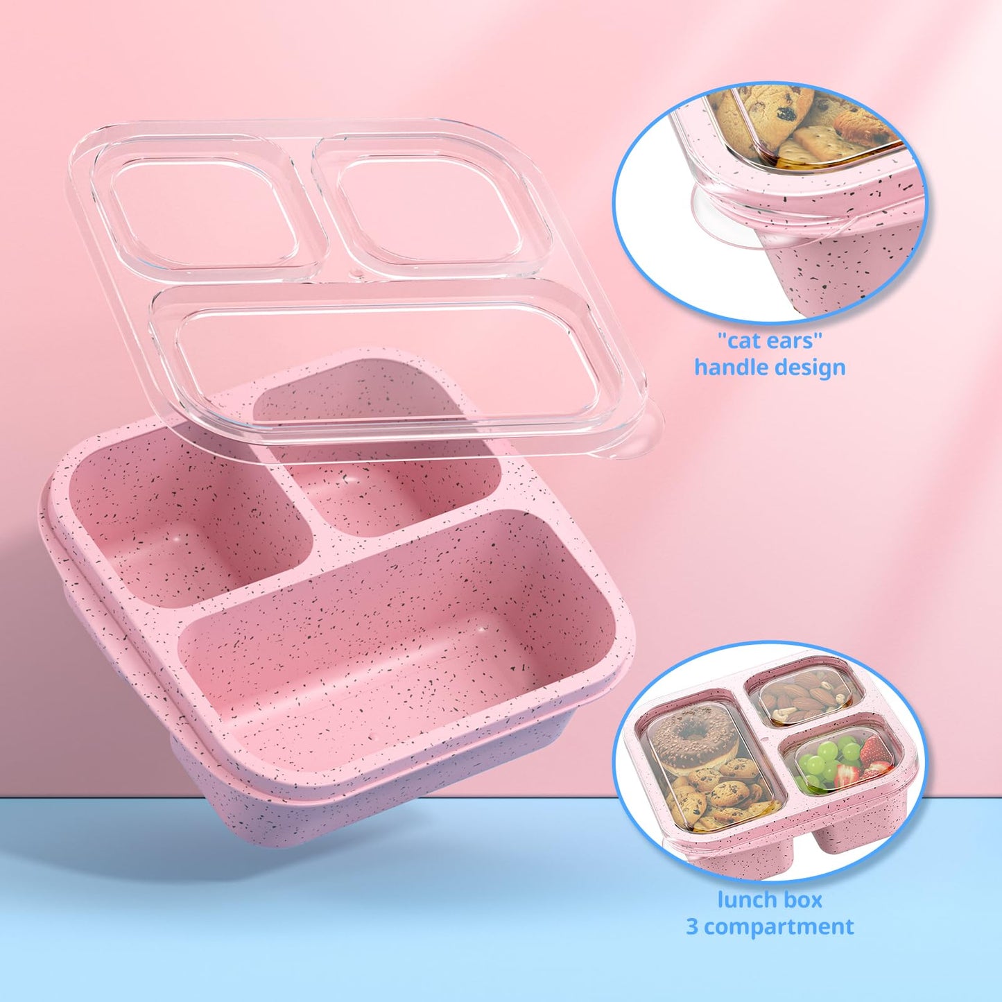 Enstphjoy Snack Boxes (3 Pack) - Stackable Bento Boxes with 3 Compartments, Meal Prep Containers Reusable, Lightweight Lunch Containers for Kids and Adults, BPA Free (Pink)