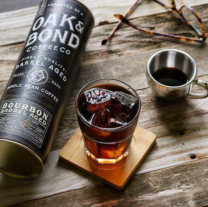 Espresso Bourbon Barrel Aged Coffee, Colombia & Brazil Blend, Whole Bean Arabica, Dark Roast w/ Chocolate, Black Cherry, Toffee, Rich Kentucky Bourbon & Oak Flavors by Oak & Bond Coffee Co. – 10oz.